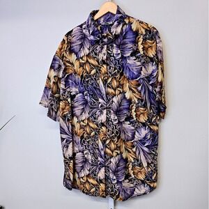 Vintage Adrian Jordan 100% Silk Leaf Print Button Up‎ Shirt Women's Size 14 16